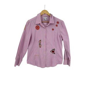 Cabi Women's L Striped Button-Down Shirt‎ With Embroidered Flowers Western